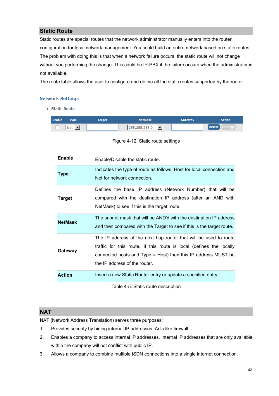 Static route, Static route nat | PLANET IPX-1900 User Manual | Page 48 / 84