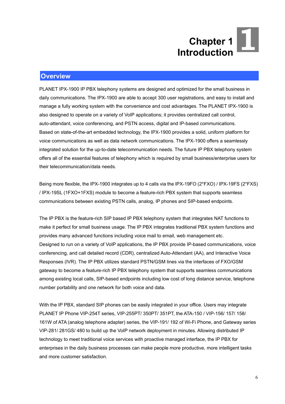 Chapter 1, Introduction, Overview | PLANET IPX-1900 User Manual | Page 6 / 84