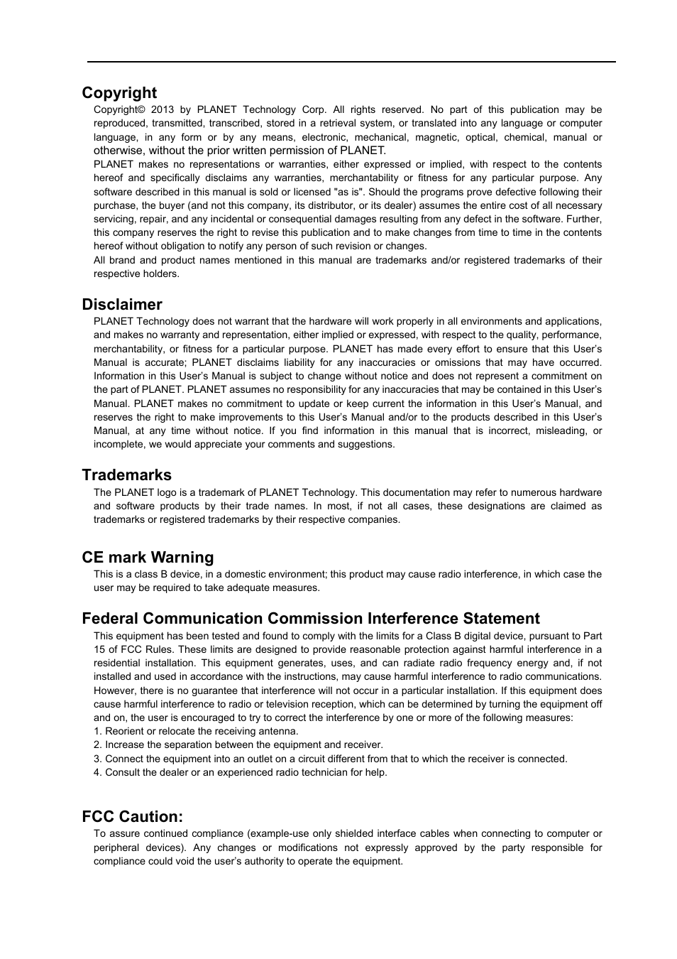 Copyright, Disclaimer, Trademarks | Ce mark warning, Fcc caution | PLANET IPX-1980 User Manual | Page 2 / 89