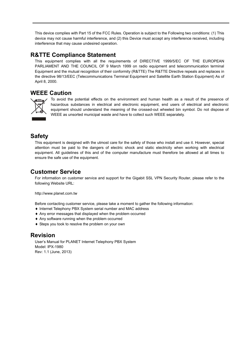 R&tte compliance statement, Weee caution, Safety | Customer service, Revision | PLANET IPX-1980 User Manual | Page 3 / 89