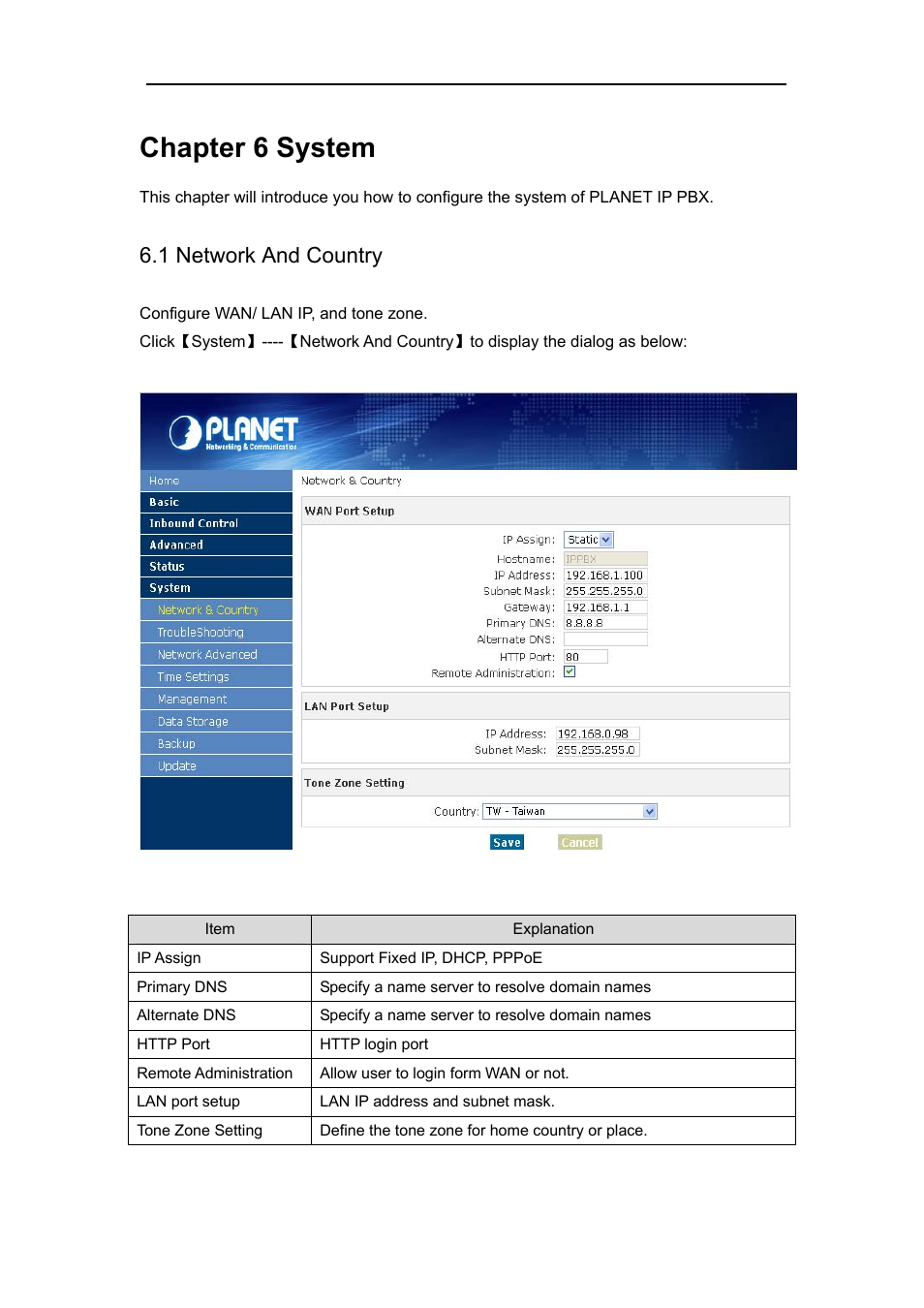 Chapter 6 system, 1 network and country | PLANET IPX-1980 User Manual | Page 65 / 89