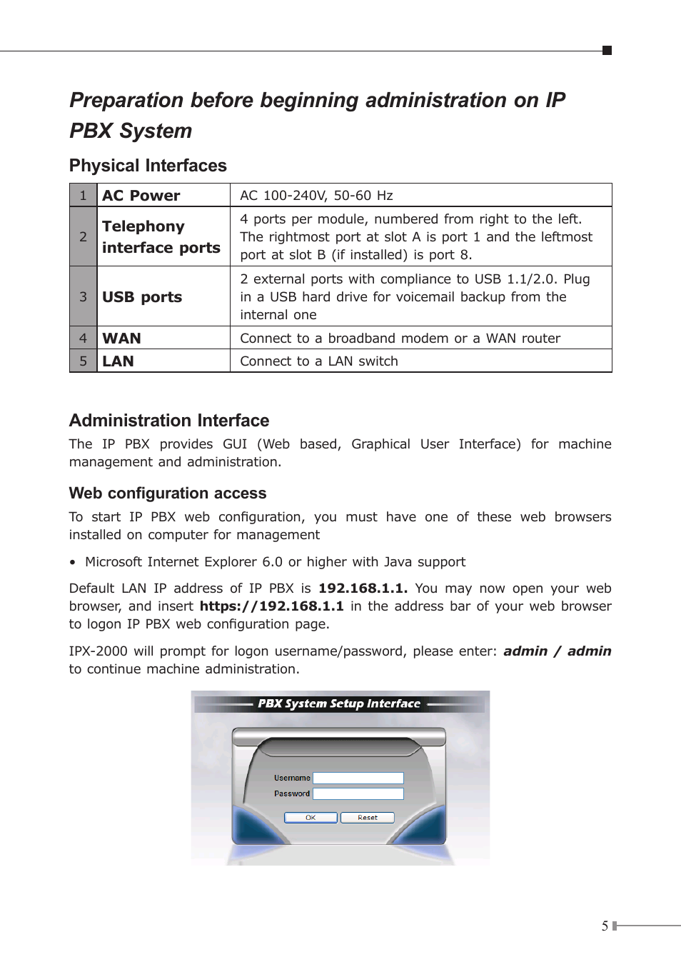 Physical interfaces, Administration interface | PLANET IPX-2000 User Manual | Page 6 / 14