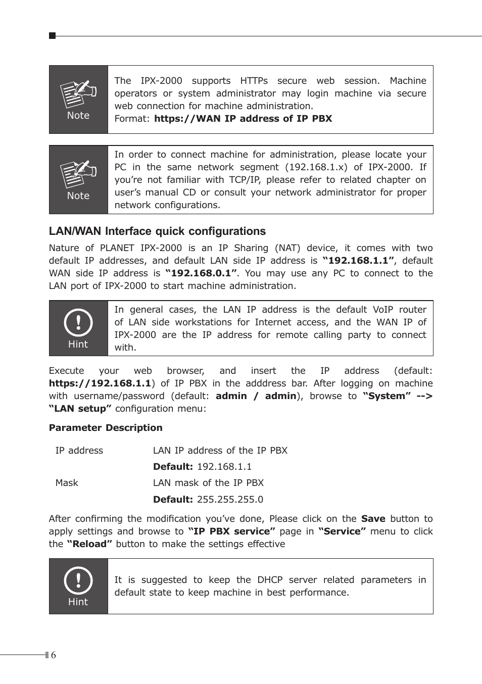 Lan/wan interface quick configurations | PLANET IPX-2000 User Manual | Page 7 / 14