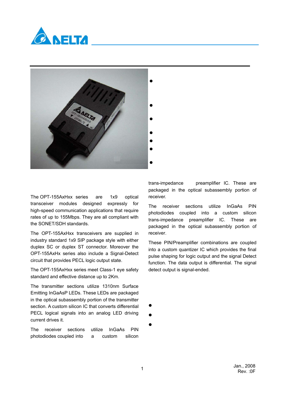 Delta Electronics Optical Transceiver Modules OPT-155Axxxx User Manual | 9 pages