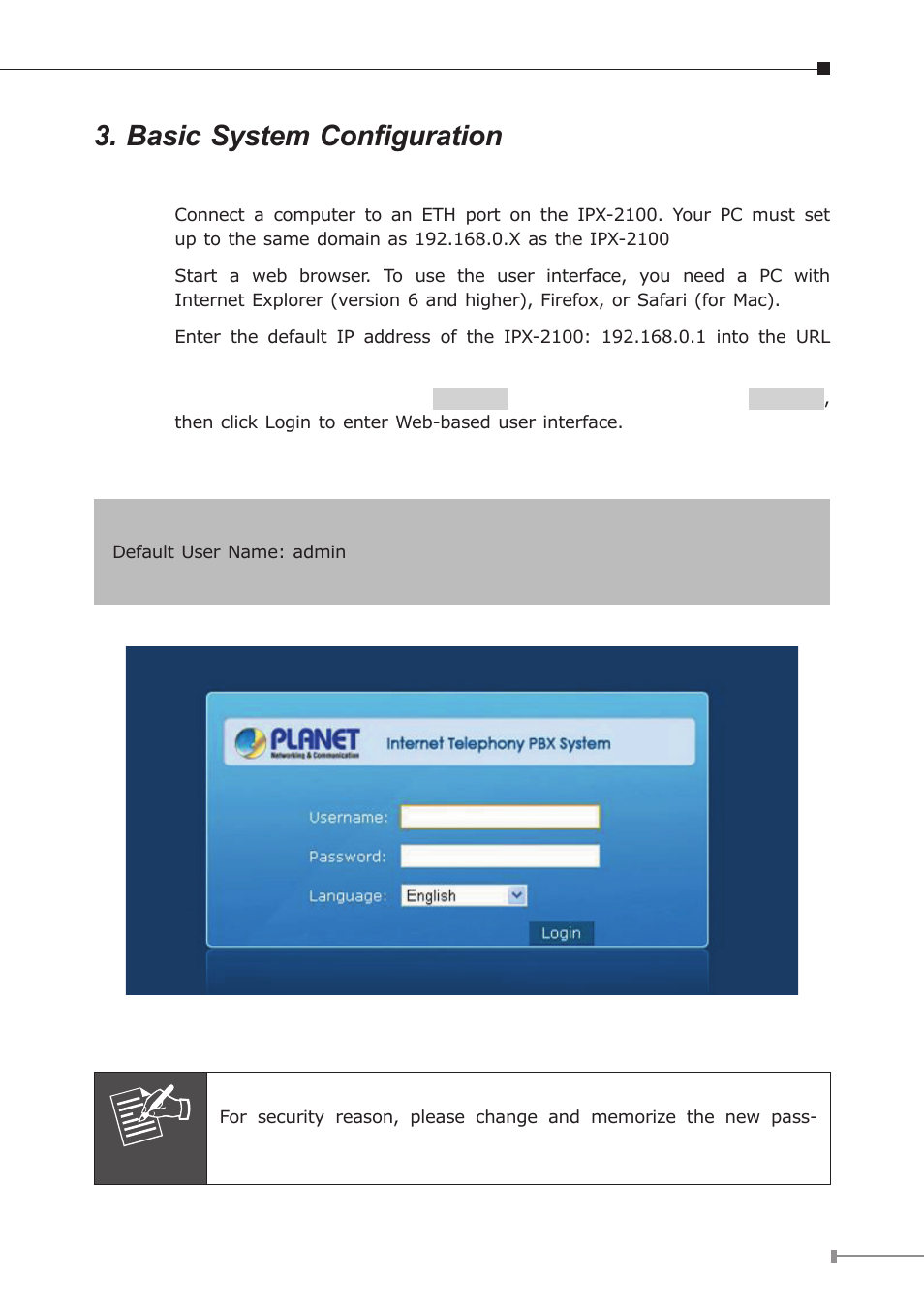 Basic system configuration, 1 web login | PLANET IPX-2100 User Manual | Page 7 / 12
