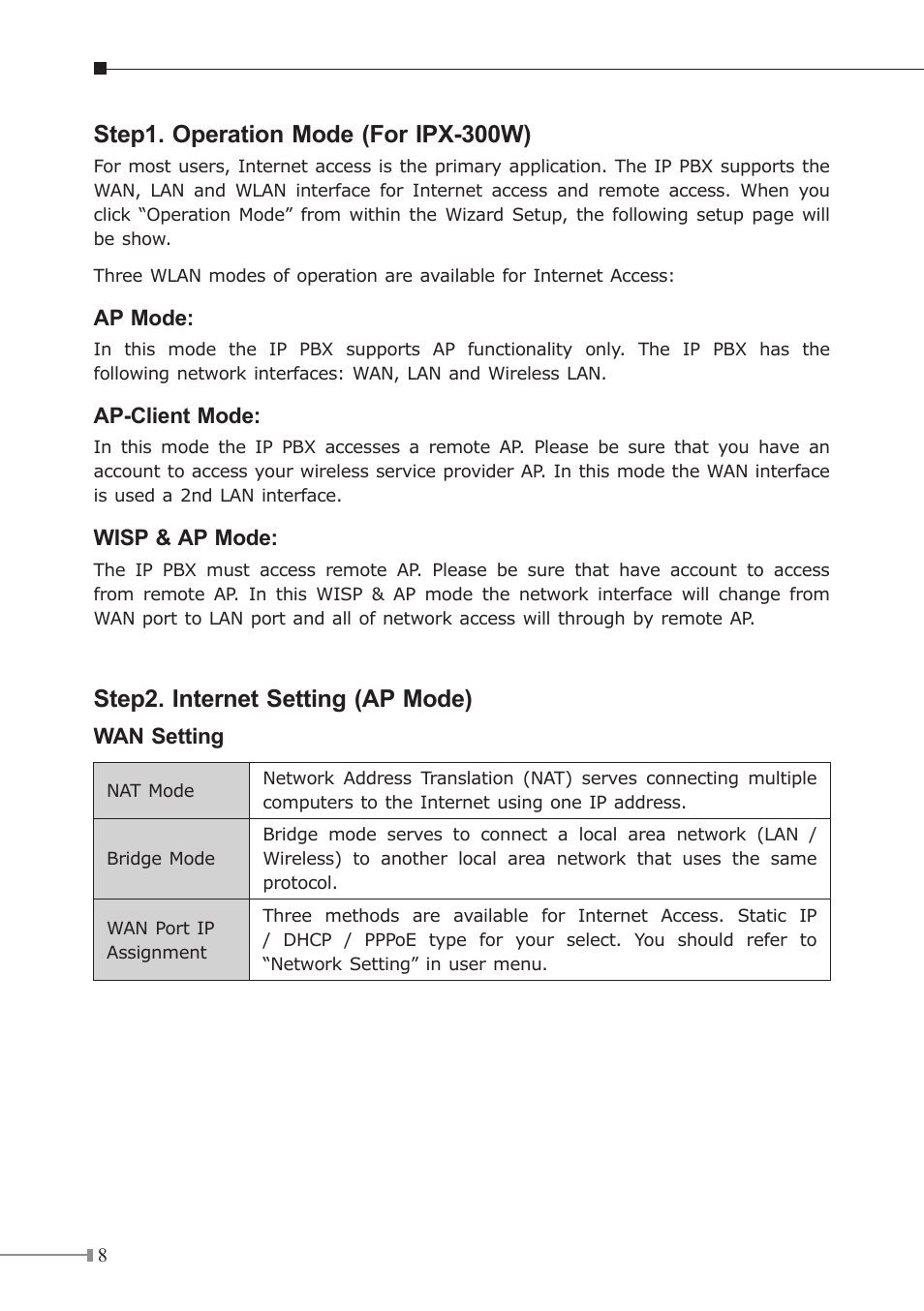 Step1. operation mode (for ipx-300w), Step2. internet setting (ap mode) | PLANET IPX-300 User Manual | Page 8 / 20