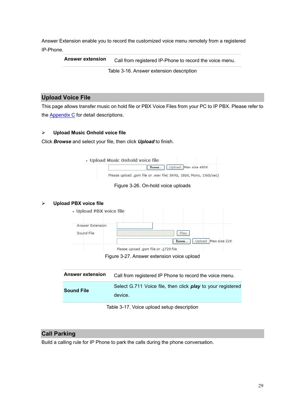 Upload voice file, Call parking, Upload voice file call parking | PLANET IPX-300 User Manual | Page 29 / 96