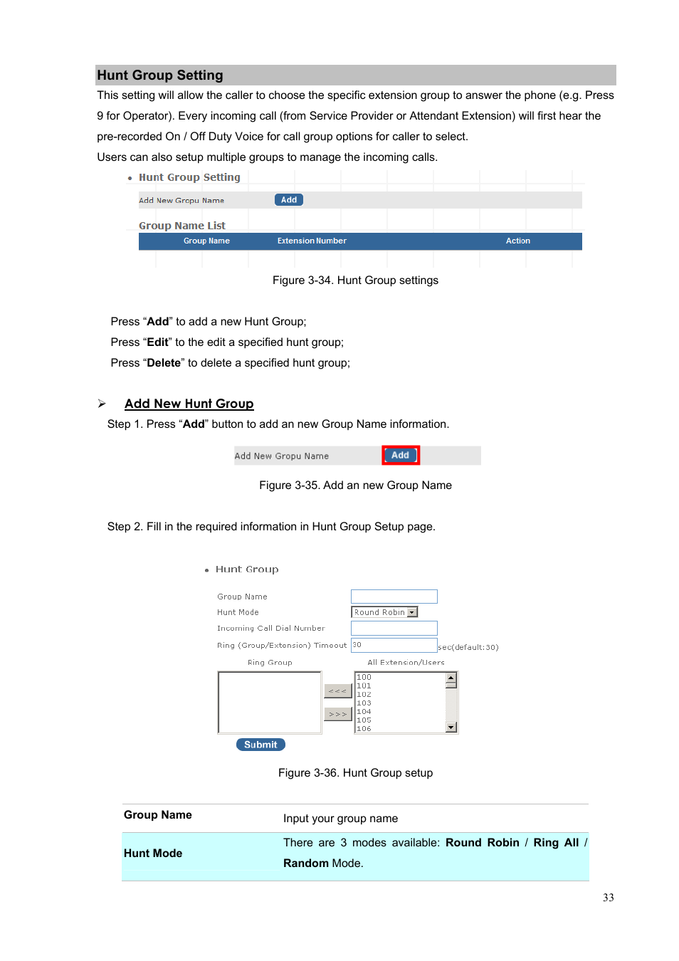 Hunt group setting, Hunt group, Setting | PLANET IPX-300 User Manual | Page 33 / 96