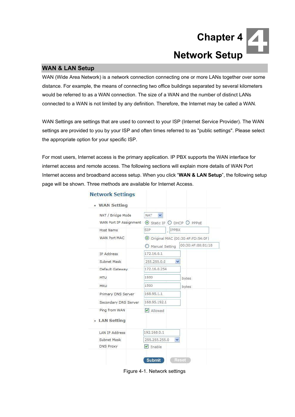 Chapter 4 network setup, Wan & lan setup | PLANET IPX-300 User Manual | Page 38 / 96