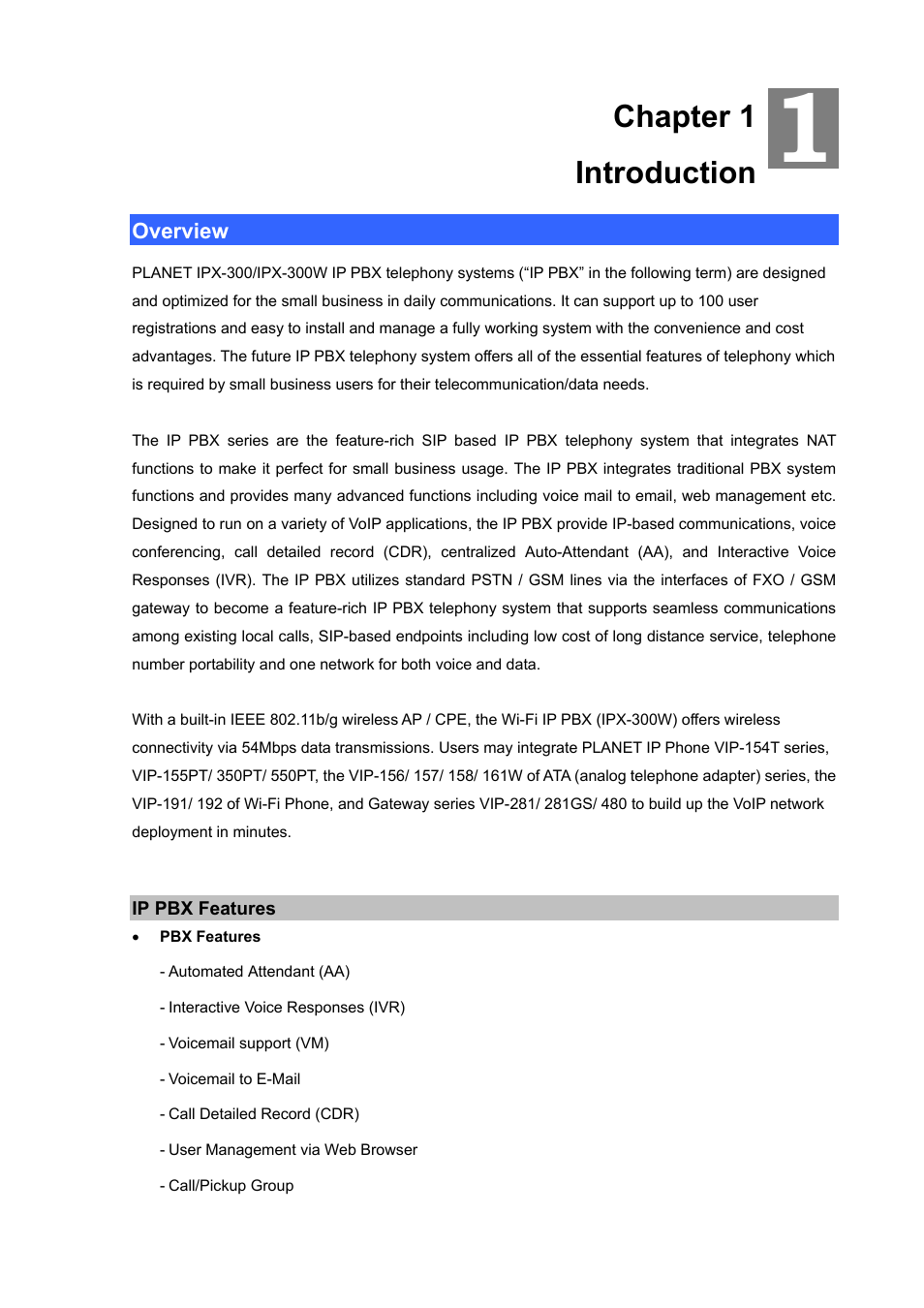 Chapter 1 introduction, Overview | PLANET IPX-300 User Manual | Page 6 / 96