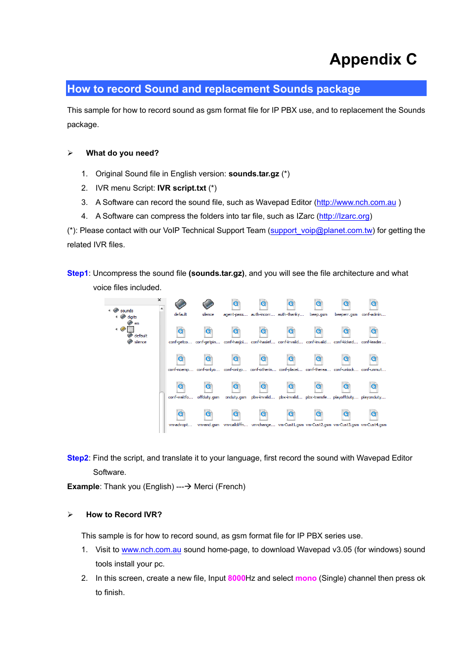 Appendix c, How to record sound and replacement sounds package | PLANET IPX-300 User Manual | Page 72 / 96