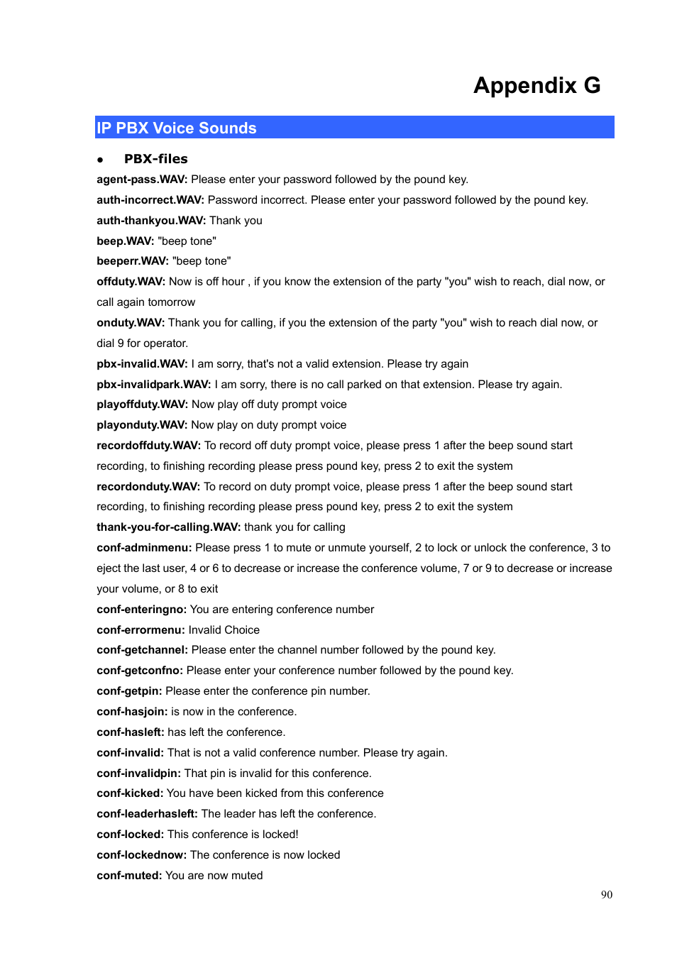Appendix g, Ip pbx voice sounds | PLANET IPX-300 User Manual | Page 90 / 96