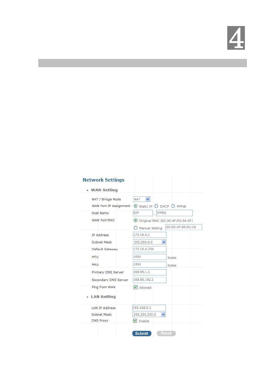 Chapter 4 network setup, Wan & lan setup | PLANET IPX-300 User Manual | Page 35 / 82