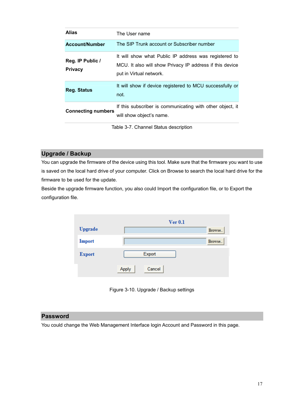 Upgrade / backup, Password, Upgrade / backup password | PLANET MCU-1400 User Manual | Page 17 / 27