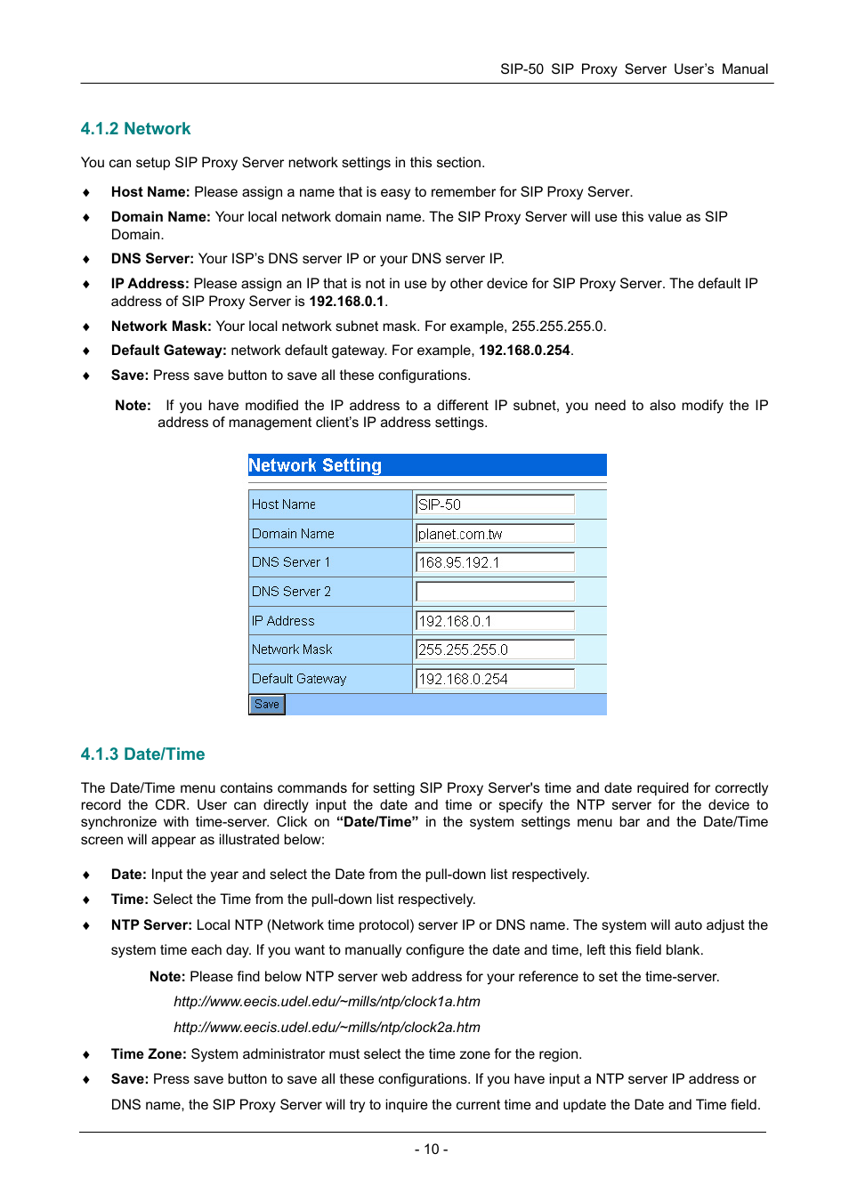 2 network, 3 date/time | PLANET SIP-50 User Manual | Page 13 / 27