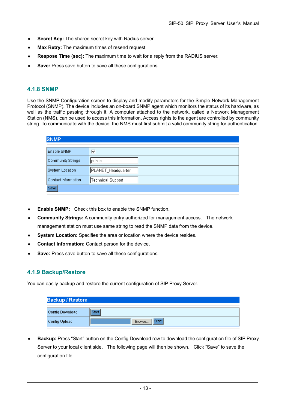 8 snmp, 9 backup/restore | PLANET SIP-50 User Manual | Page 16 / 27