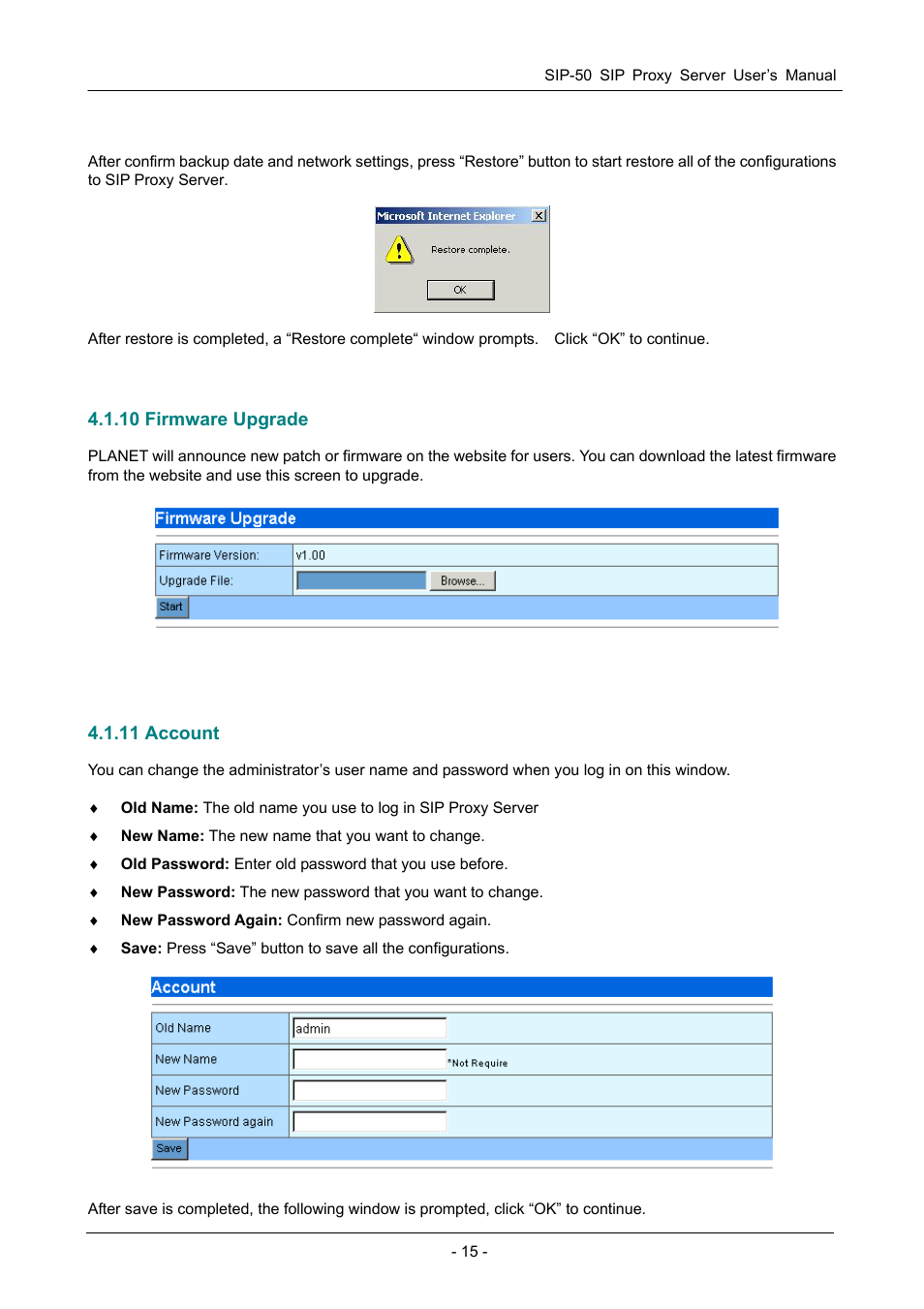 10 firmware upgrade, 11 account | PLANET SIP-50 User Manual | Page 18 / 27