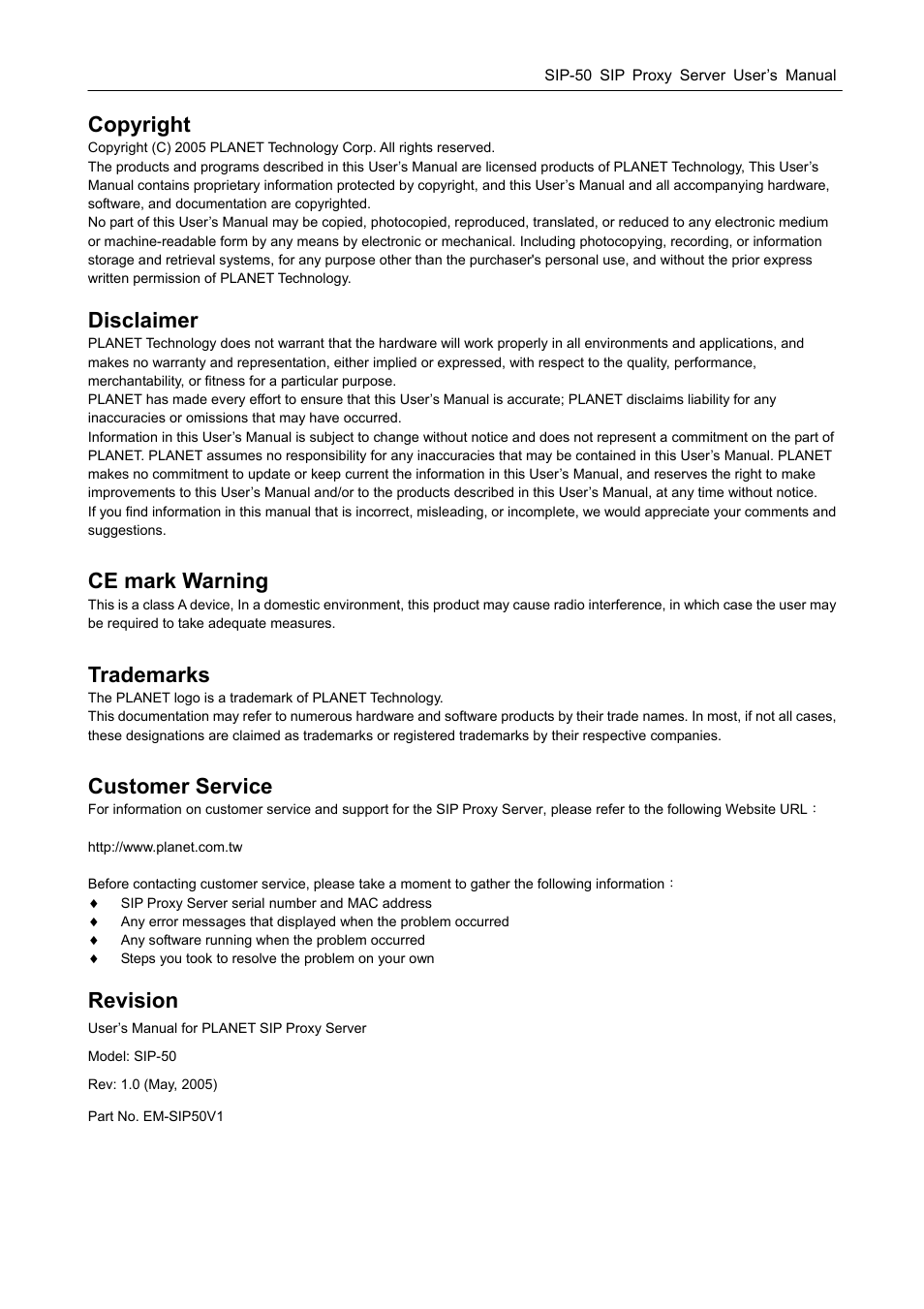 Copyright, Disclaimer, Ce mark warning | Trademarks, Customer service, Revision | PLANET SIP-50 User Manual | Page 2 / 27