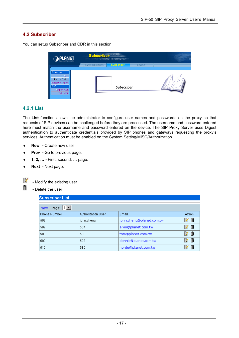 2 subscriber, 1 list, Ubscriber | PLANET SIP-50 User Manual | Page 20 / 27