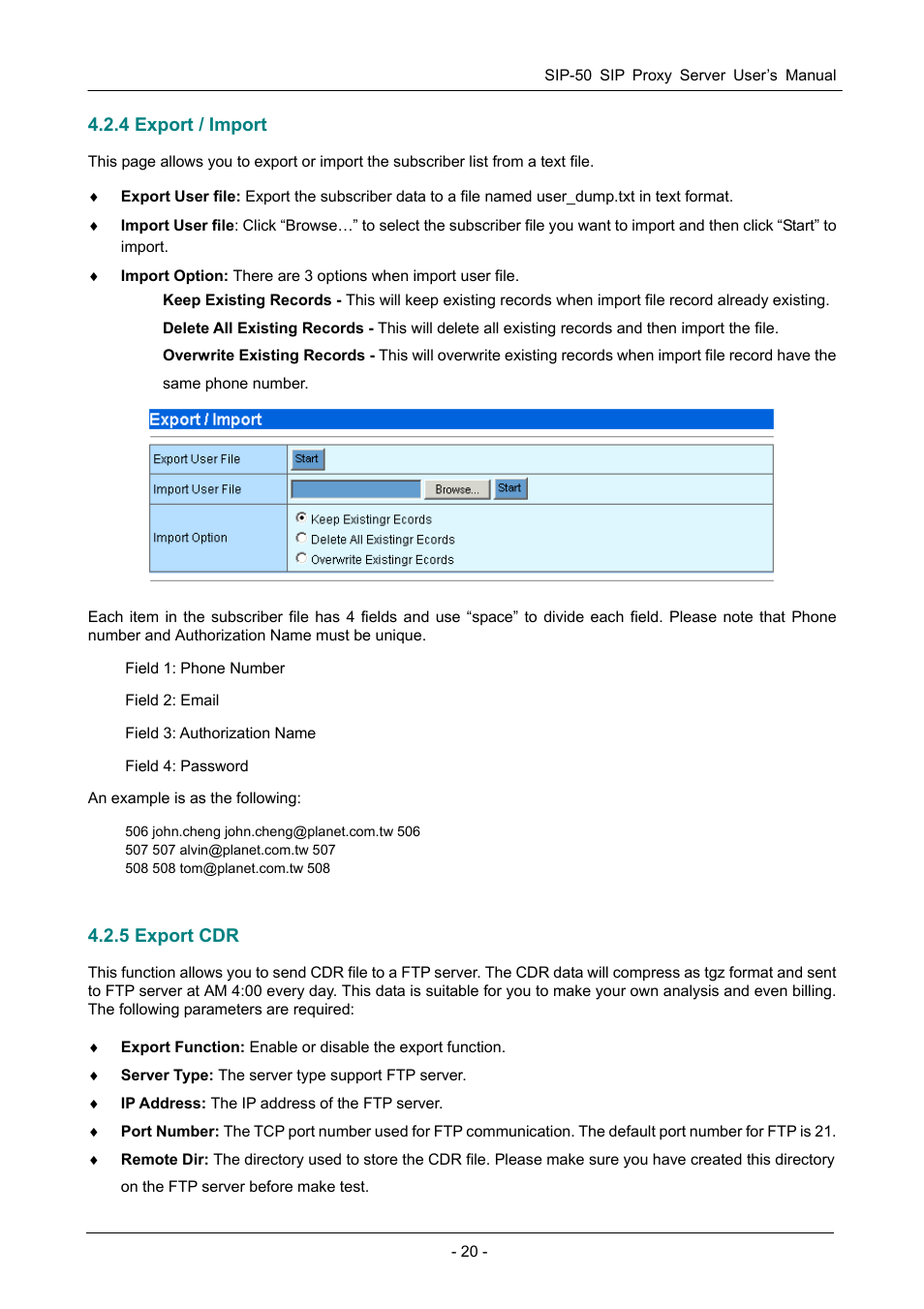 4 export / import, 5 export cdr | PLANET SIP-50 User Manual | Page 23 / 27