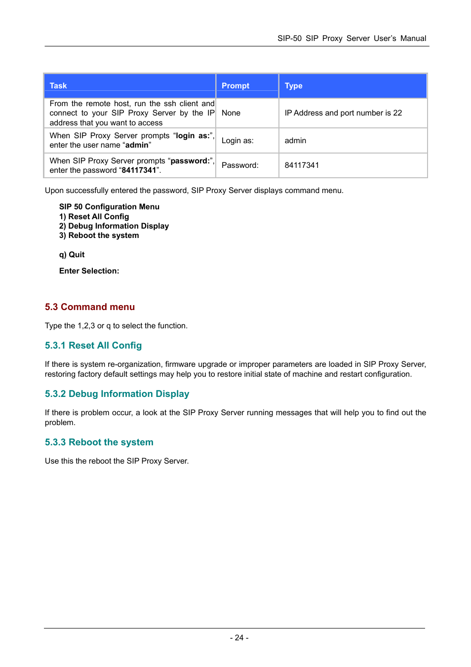 3 command menu, 1 reset all config, 2 debug information display | 3 reboot the system | PLANET SIP-50 User Manual | Page 27 / 27