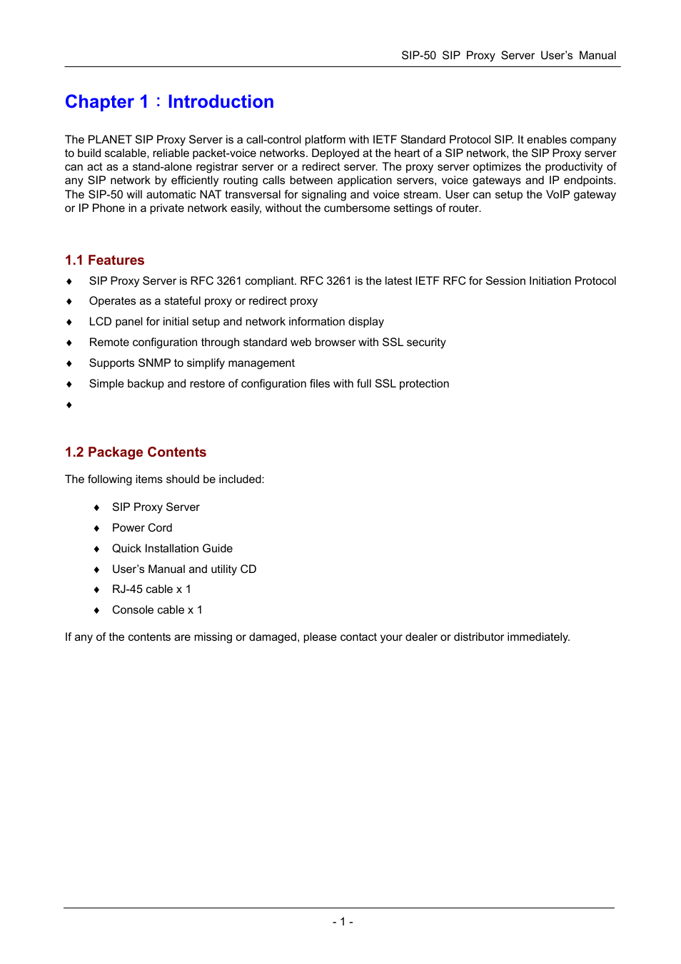 Chapter 1：introduction, 1 features, 2 package contents | Chapter 1 ： introduction, Eatures, Ackage, Ontents | PLANET SIP-50 User Manual | Page 4 / 27