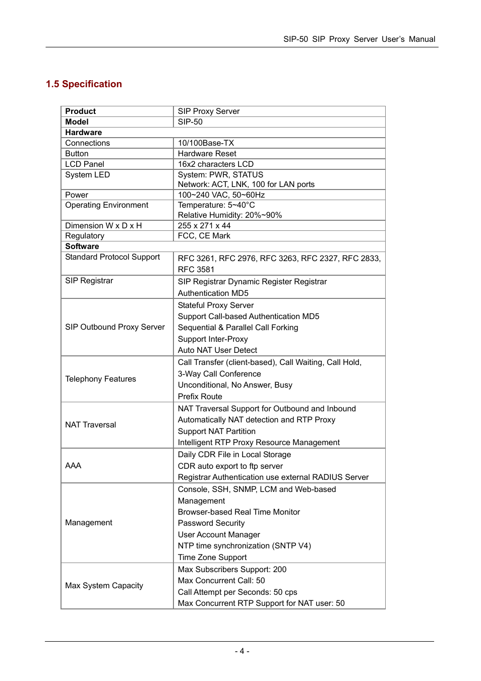 5 specification, Pecification | PLANET SIP-50 User Manual | Page 7 / 27