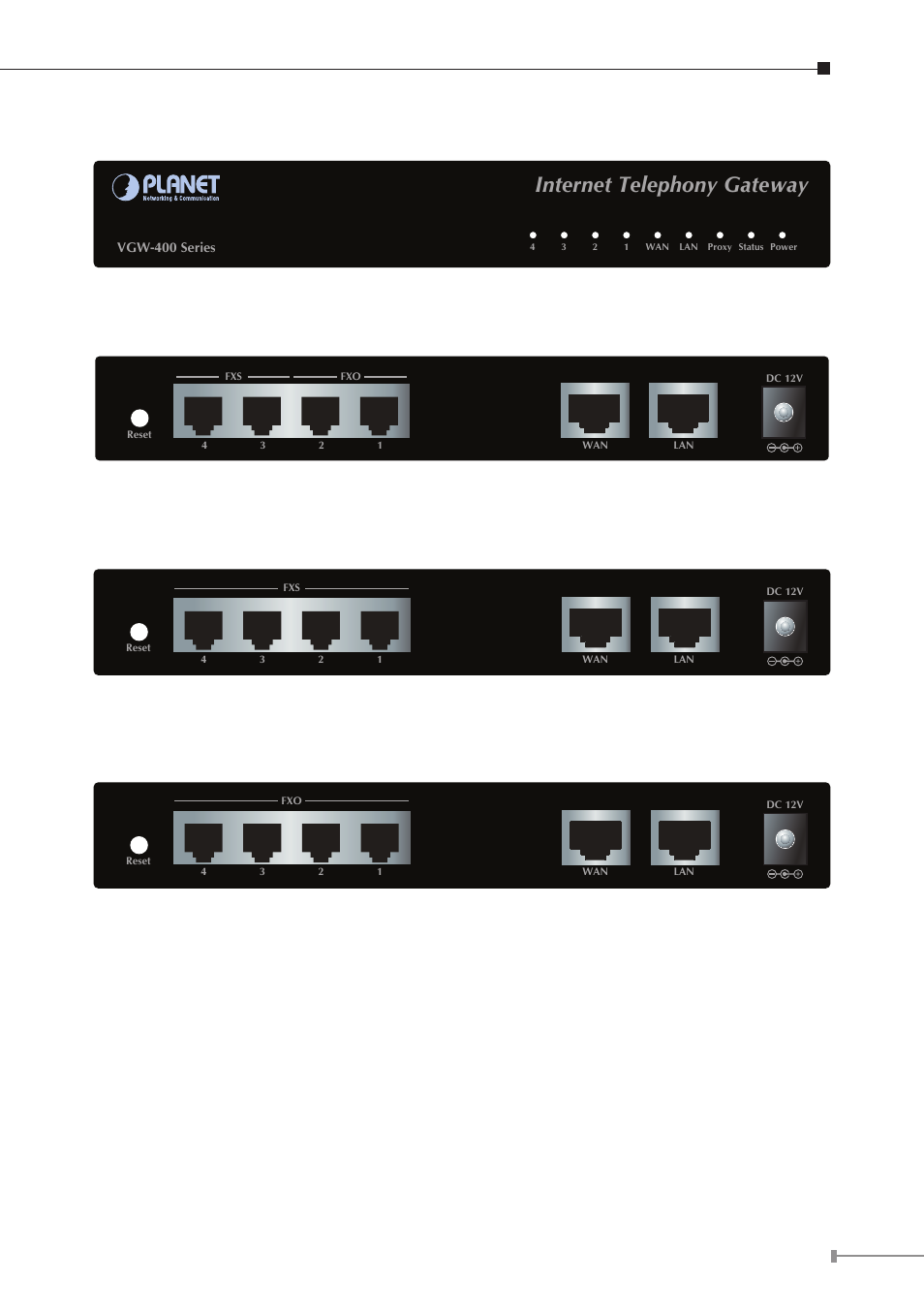 2 physical introduction, Internet telephony gateway, Front panel of the vgw-400 series | Rear panel of the vgw-402, Rear panel of the vgw-400fs, Rear panel of the vgw-400fo | PLANET VGW-400FO User Manual | Page 5 / 12