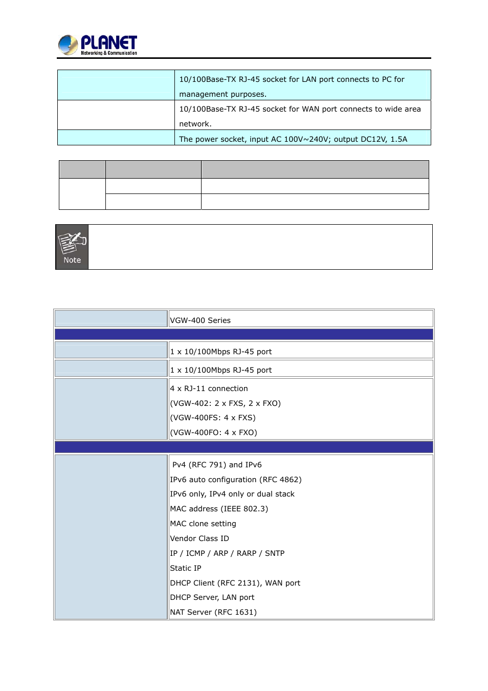 4 specifications, Port sip internet telephony gateway vgw-400 series | PLANET VGW-400FO User Manual | Page 14 / 80