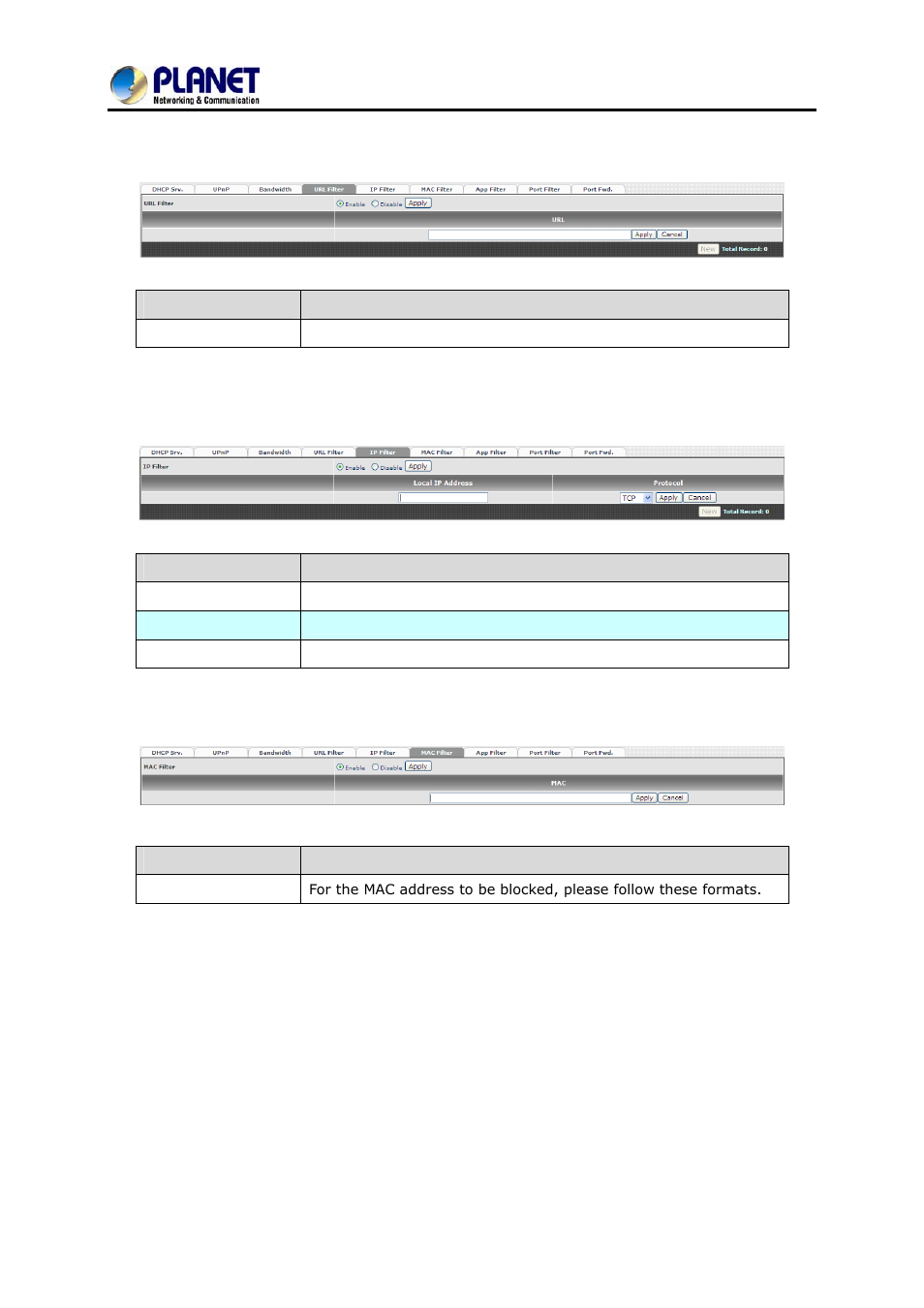 4 url filter, 5 ip filter, 6 mac filter | PLANET VGW-400FO User Manual | Page 38 / 80