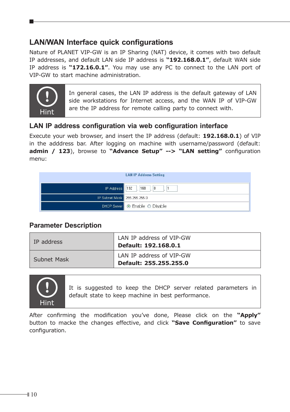 Lan/wan interface quick configurations | PLANET VIP GW User Manual | Page 10 / 20