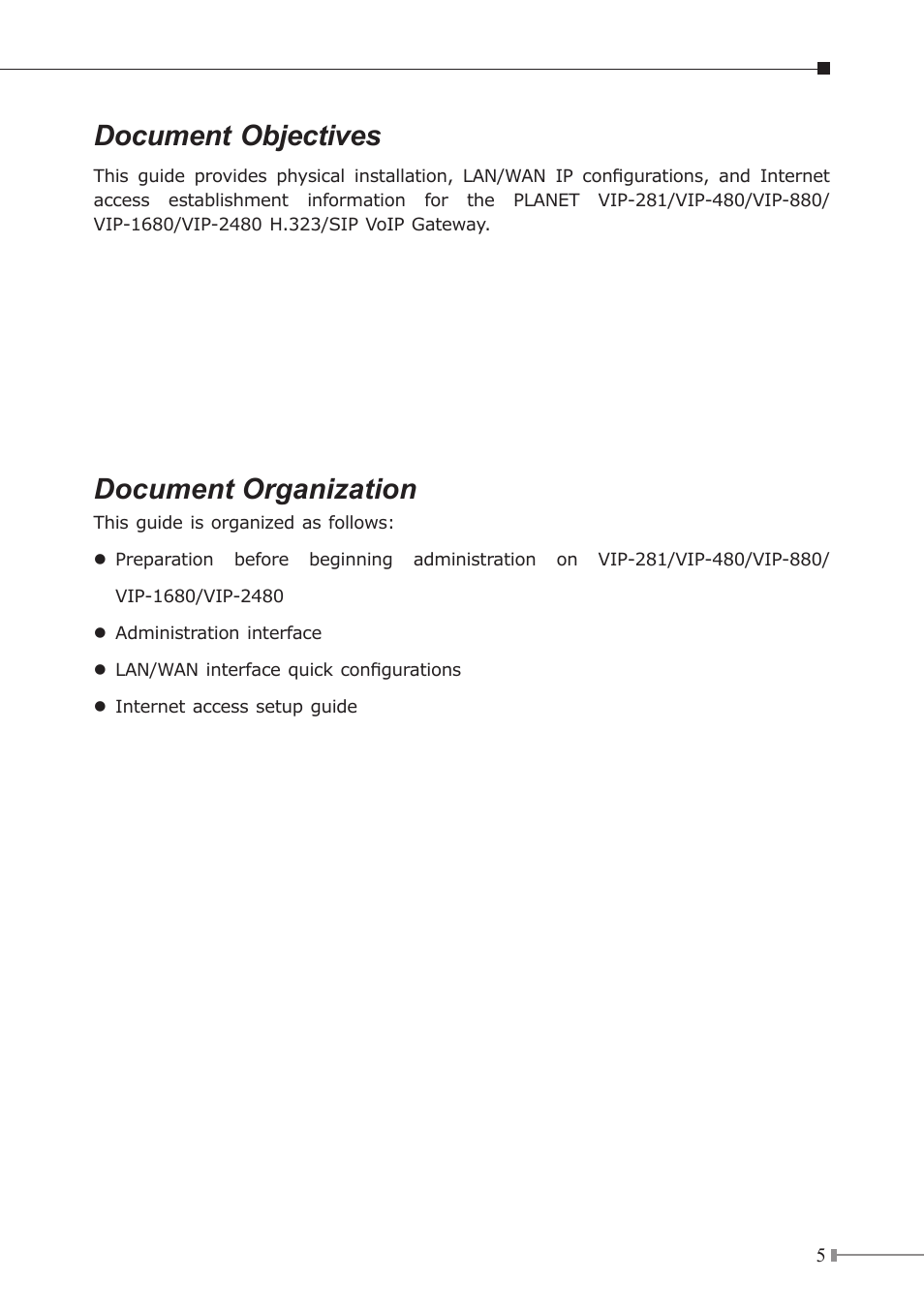 Document objectives, Document organization | PLANET VIP GW User Manual | Page 5 / 20