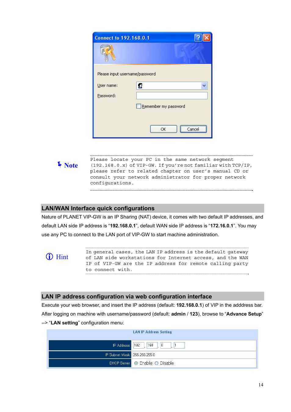 Lan/wan interface quick configurations, Hint | PLANET VIP-1680 User Manual | Page 14 / 93