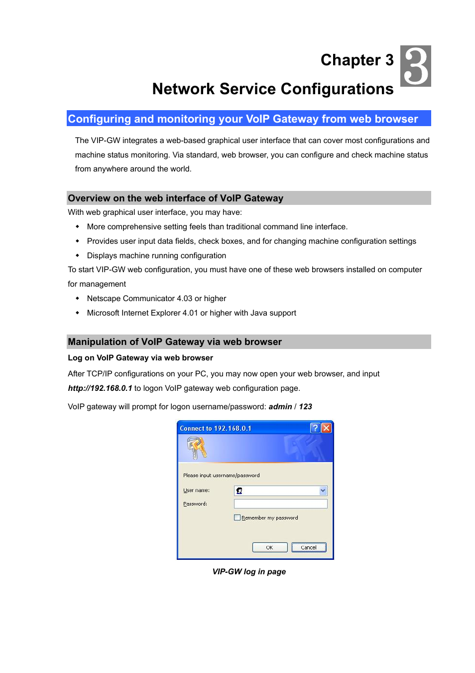 Chapter 3 network service configurations, Overview on the web interface of voip gateway, Manipulation of voip gateway via web browser | PLANET VIP-1680 User Manual | Page 16 / 93