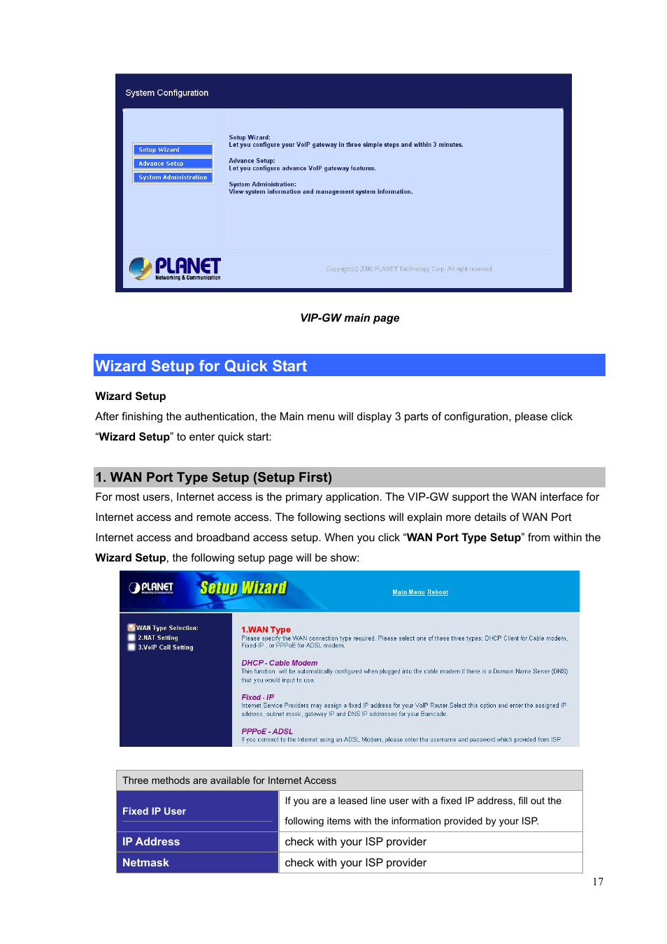 Wizard setup for quick start, Wan port type setup (setup first) | PLANET VIP-1680 User Manual | Page 17 / 93