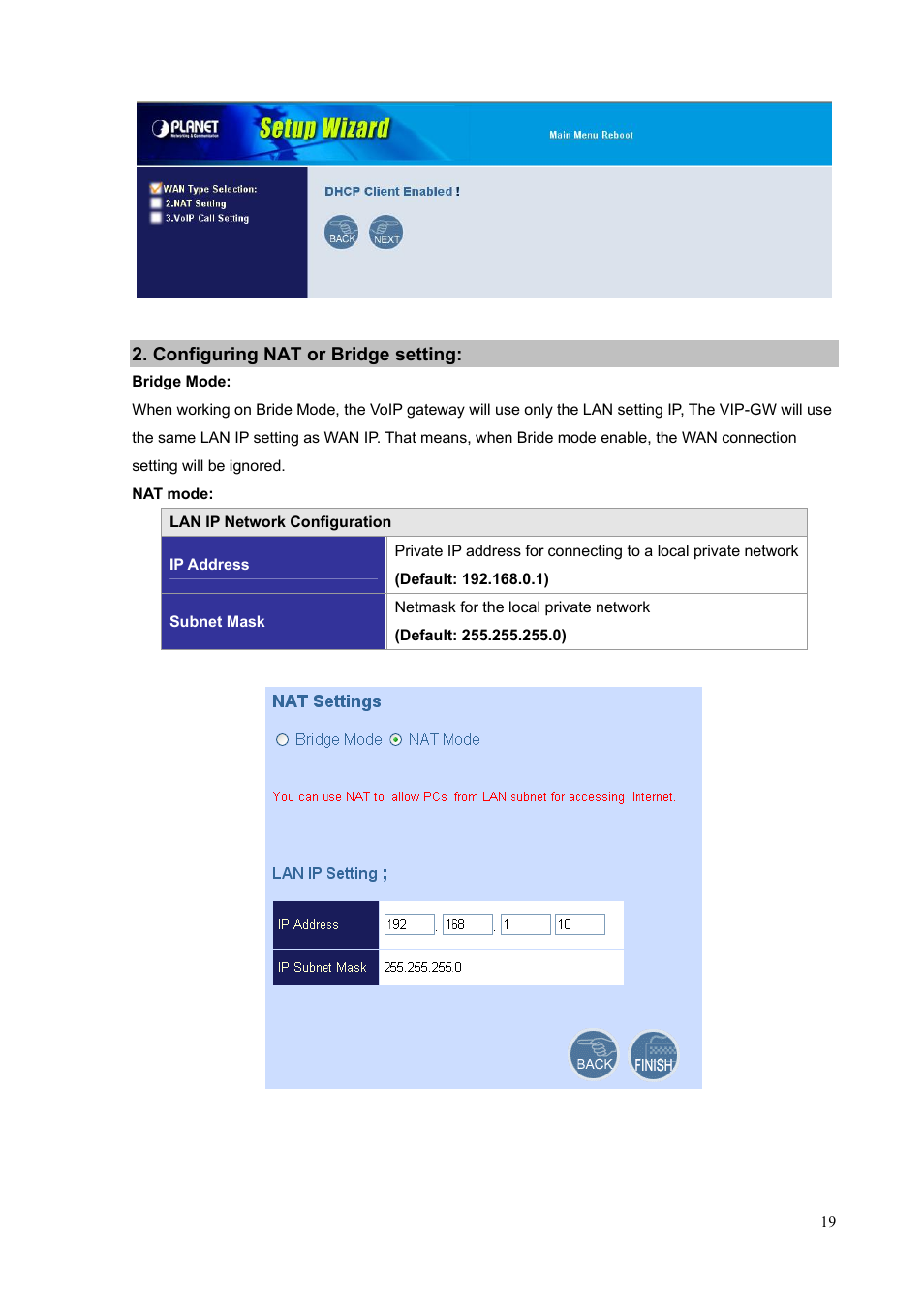 Configuring nat or bridge setting | PLANET VIP-1680 User Manual | Page 19 / 93