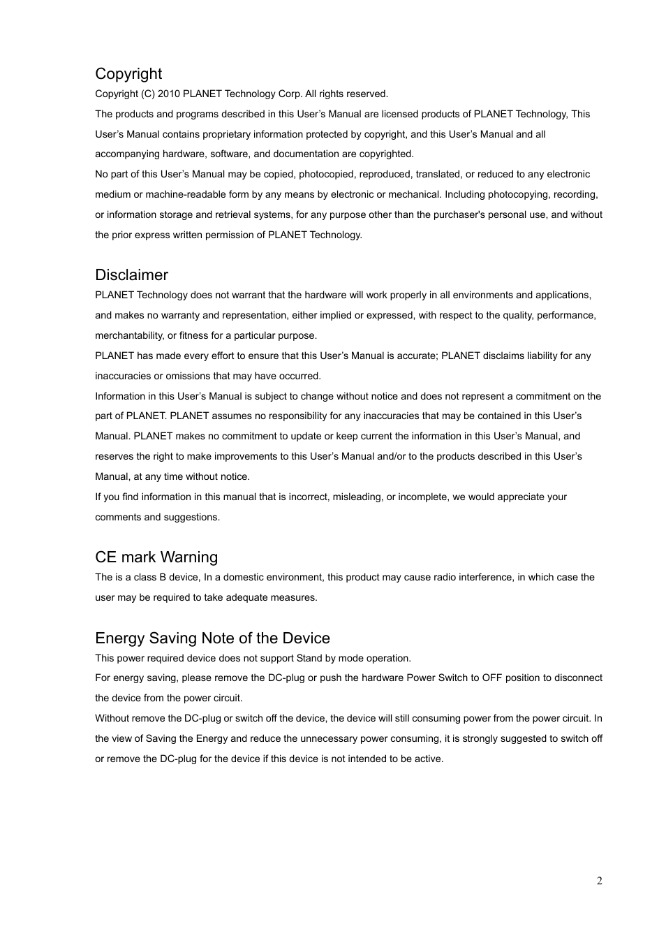 Copyright, Disclaimer, Ce mark warning | PLANET VIP-1680 User Manual | Page 2 / 93