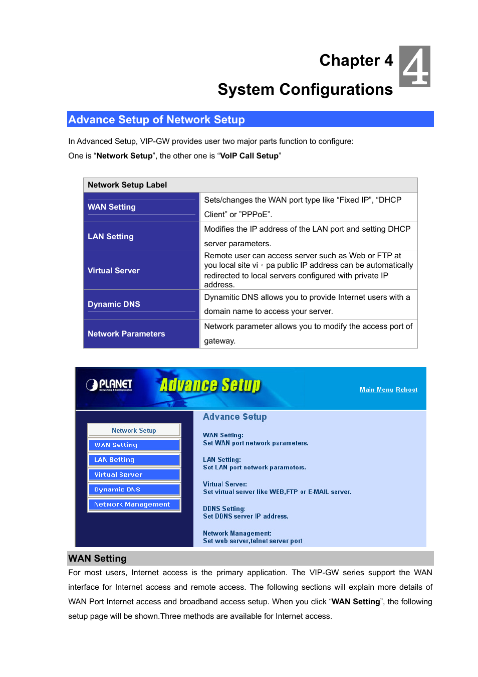 Chapter 4 system configurations, Advance setup of network setup, Wan setting | PLANET VIP-1680 User Manual | Page 22 / 93