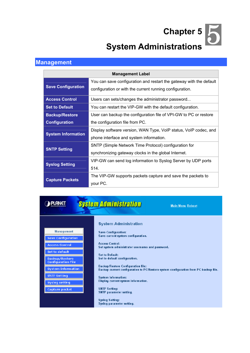 Chapter 5 system administrations, Management, Chapter 5 | System administrations | PLANET VIP-1680 User Manual | Page 53 / 93