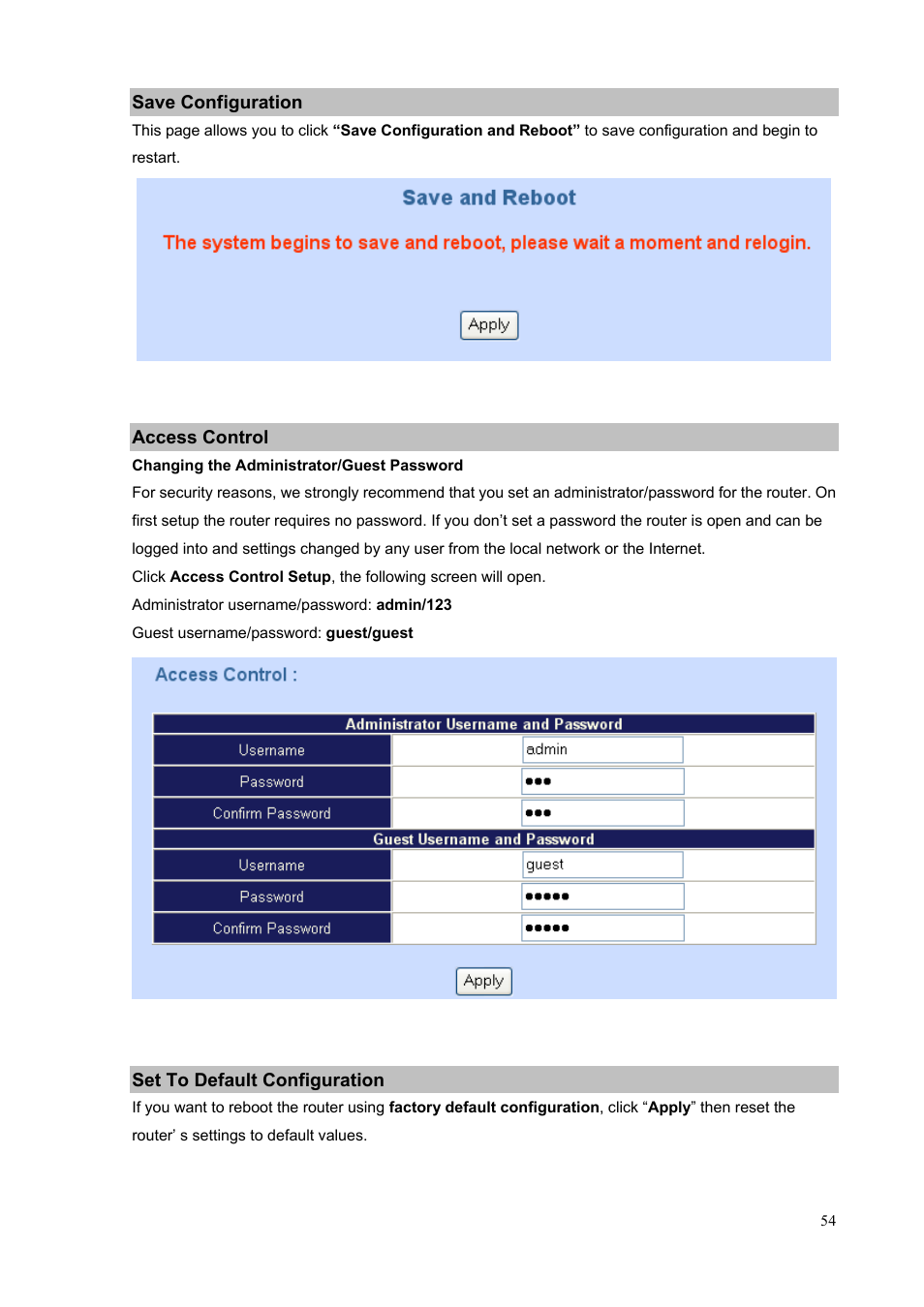 Save configuration, Access control, Set to default configuration | PLANET VIP-1680 User Manual | Page 54 / 93