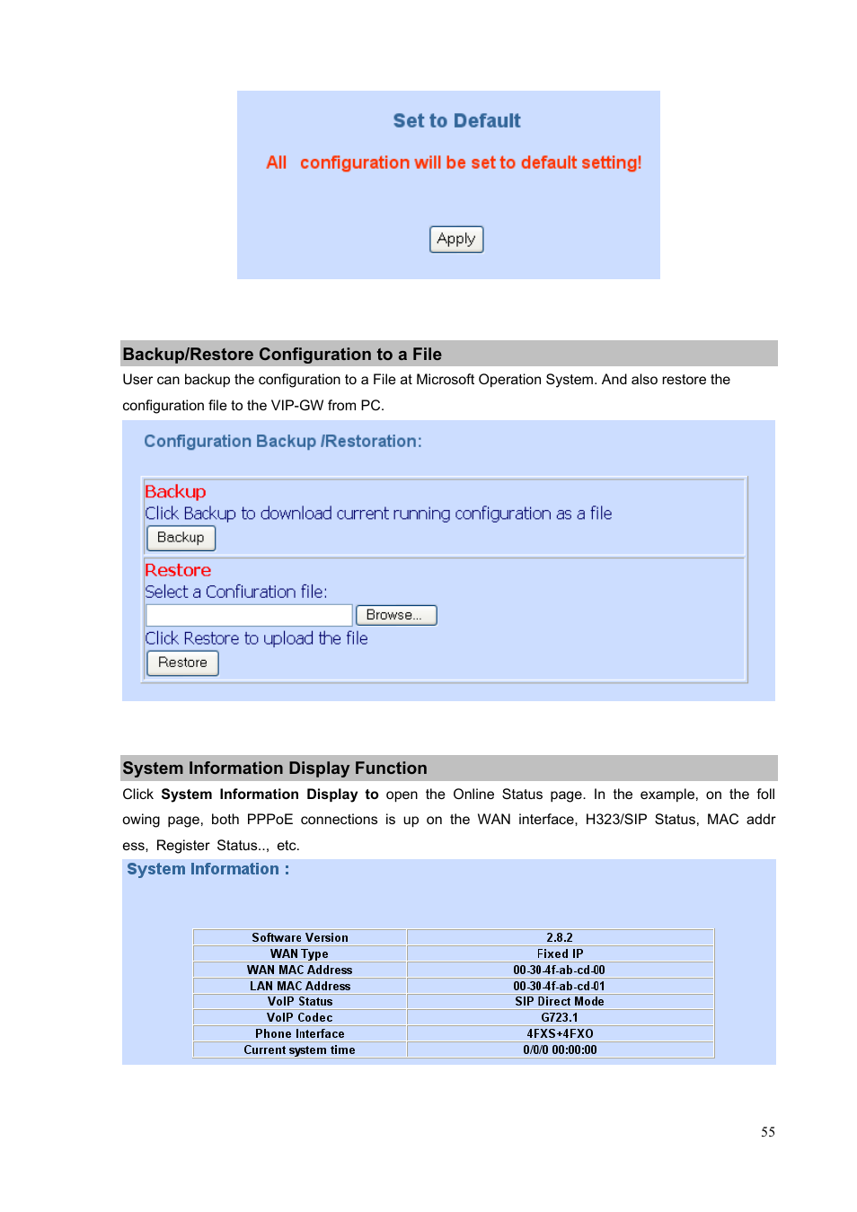 Backup/restore configuration to a file, System information display function | PLANET VIP-1680 User Manual | Page 55 / 93