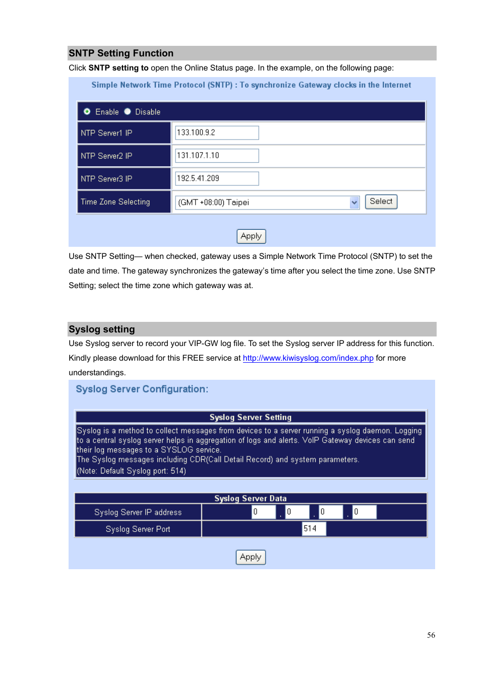 Sntp setting function, Syslog setting, Sntp setting function syslog setting | PLANET VIP-1680 User Manual | Page 56 / 93