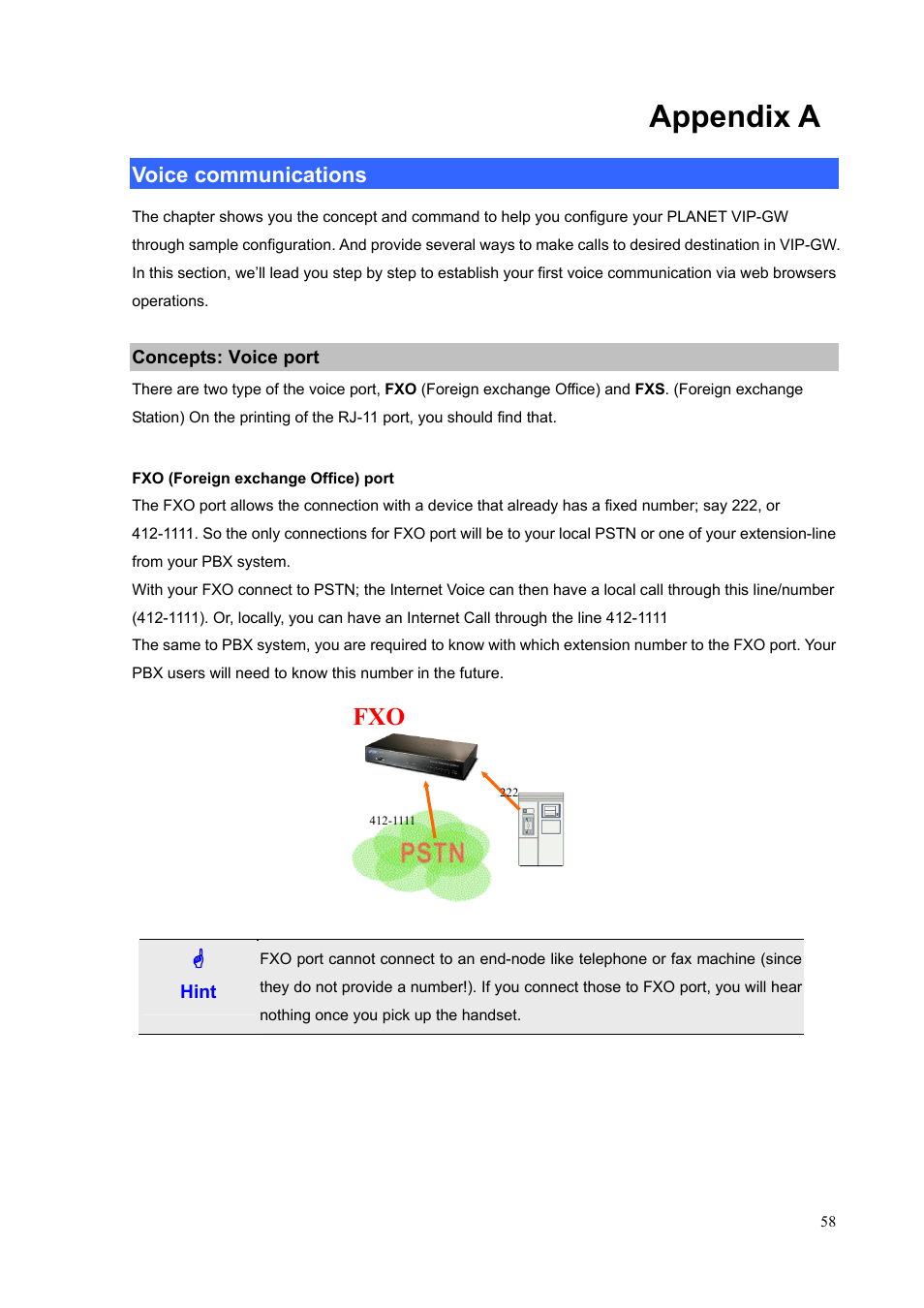 Appendix a, Voice communications, Concepts: voice port | PLANET VIP-1680 User Manual | Page 58 / 93
