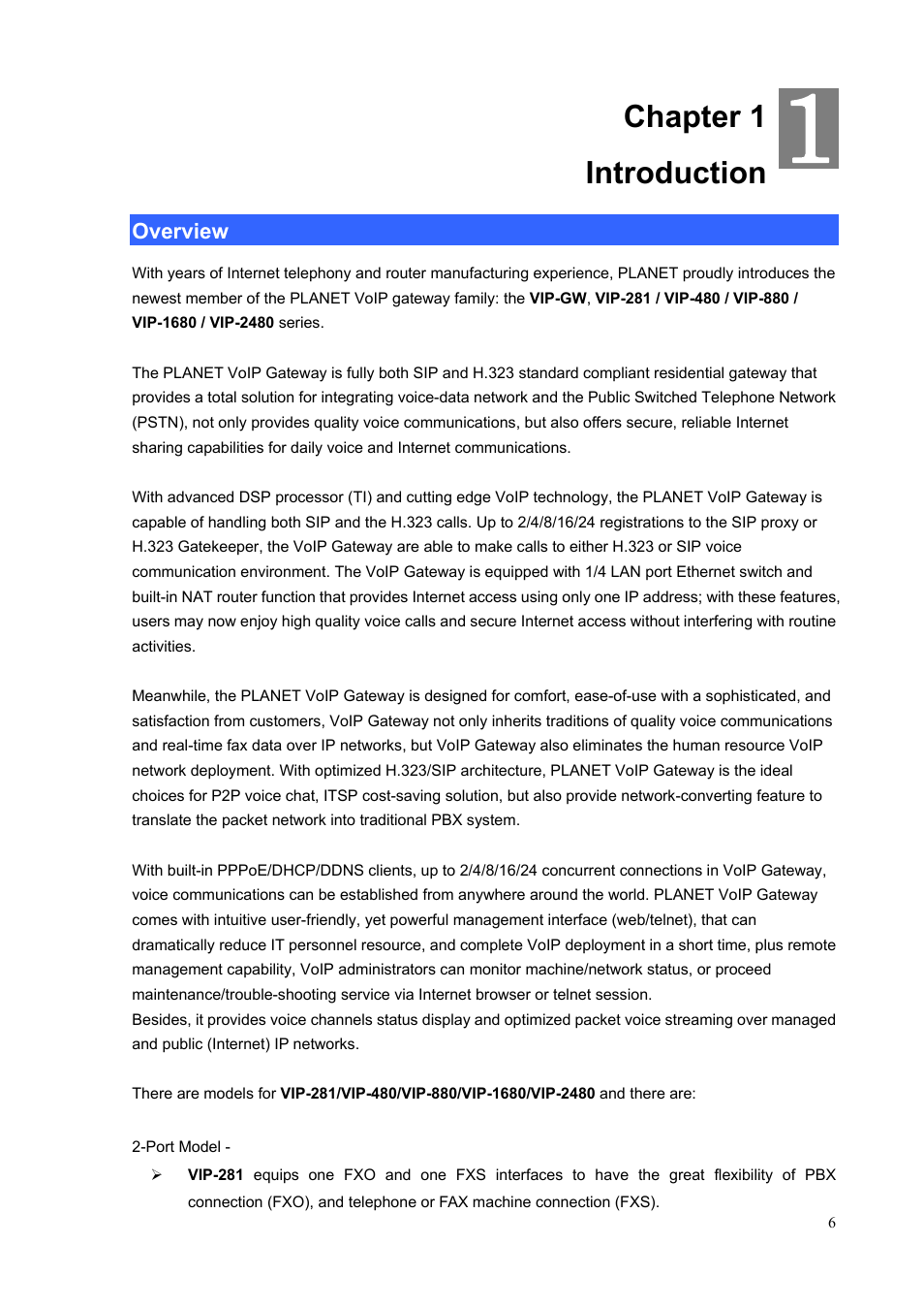 Chapter 1 introduction, Overview, Chapter 1 | Introduction | PLANET VIP-1680 User Manual | Page 6 / 93