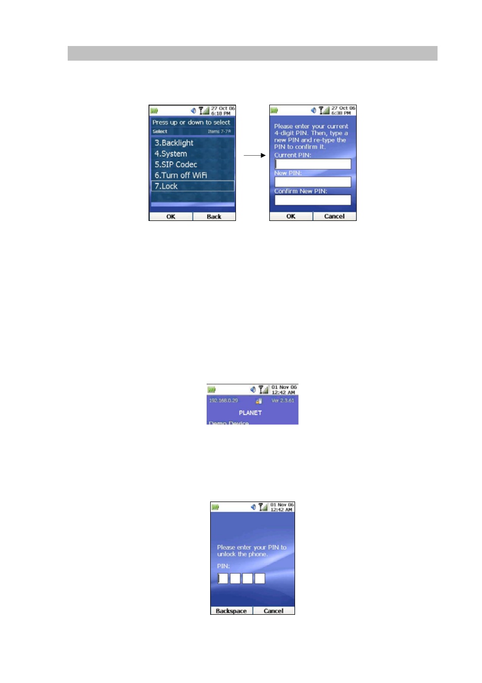 Phone lock, Input / change pin, Unlock phone | PLANET VIP-191 User Manual | Page 42 / 130