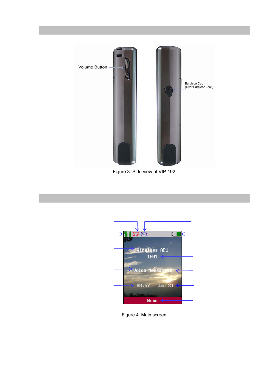 Side view and parts definition, Normal mode / main screen | PLANET VIP-192 User Manual | Page 11 / 74