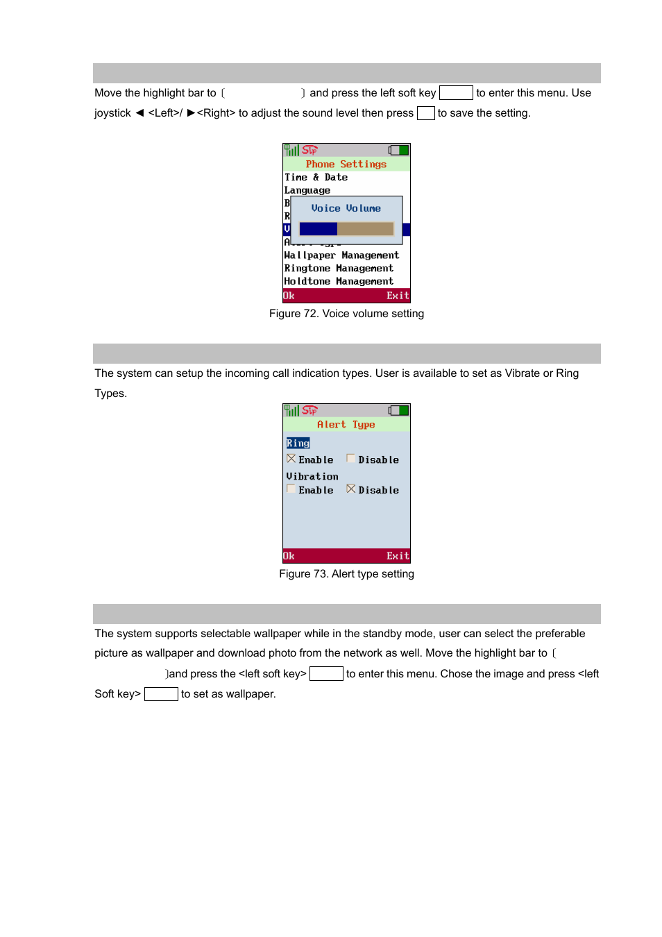 Voice volume, Alert type, Wallpaper management | PLANET VIP-192 User Manual | Page 46 / 74