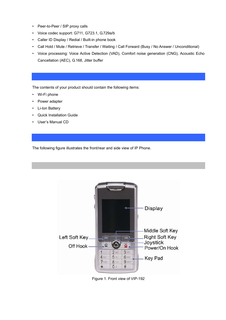 Package content, Physical details, Front view and keypad function | PLANET VIP-192 User Manual | Page 9 / 74