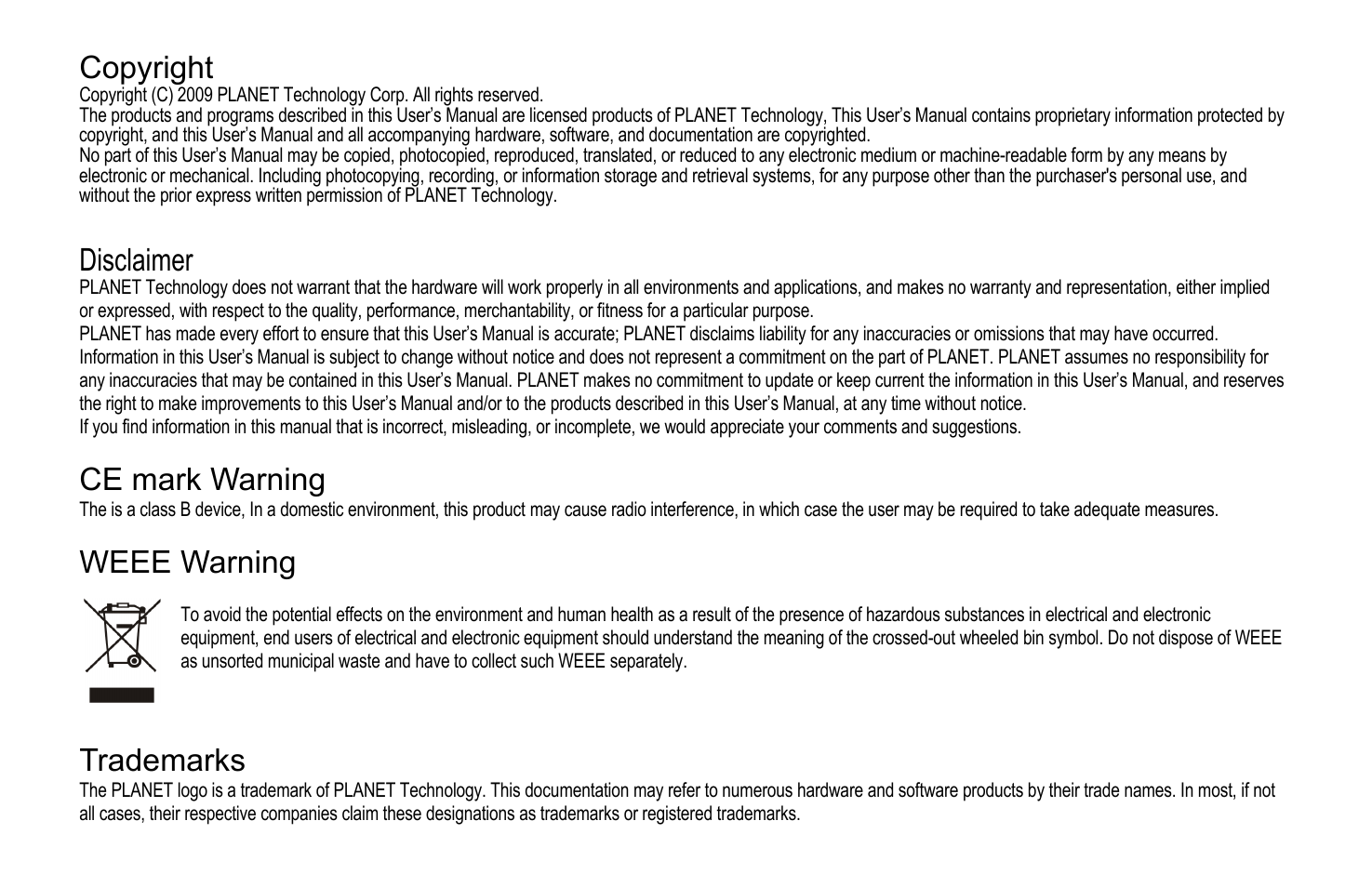 Copyright, Disclaimer, Ce mark warning | Weee warning, Trademarks | PLANET VIP-193 User Manual | Page 2 / 83