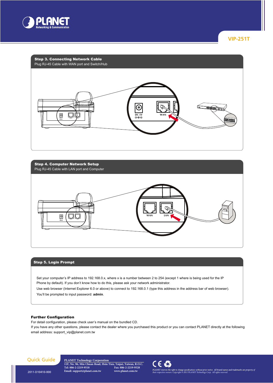 Vip-251t, Quick guide | PLANET VIP-251T User Manual | Page 2 / 2